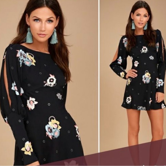 NWT FREE PEOPLE Black Floral Mini “Night Combo” Sunshadow Dress Size 4 - Picture 3 of 14